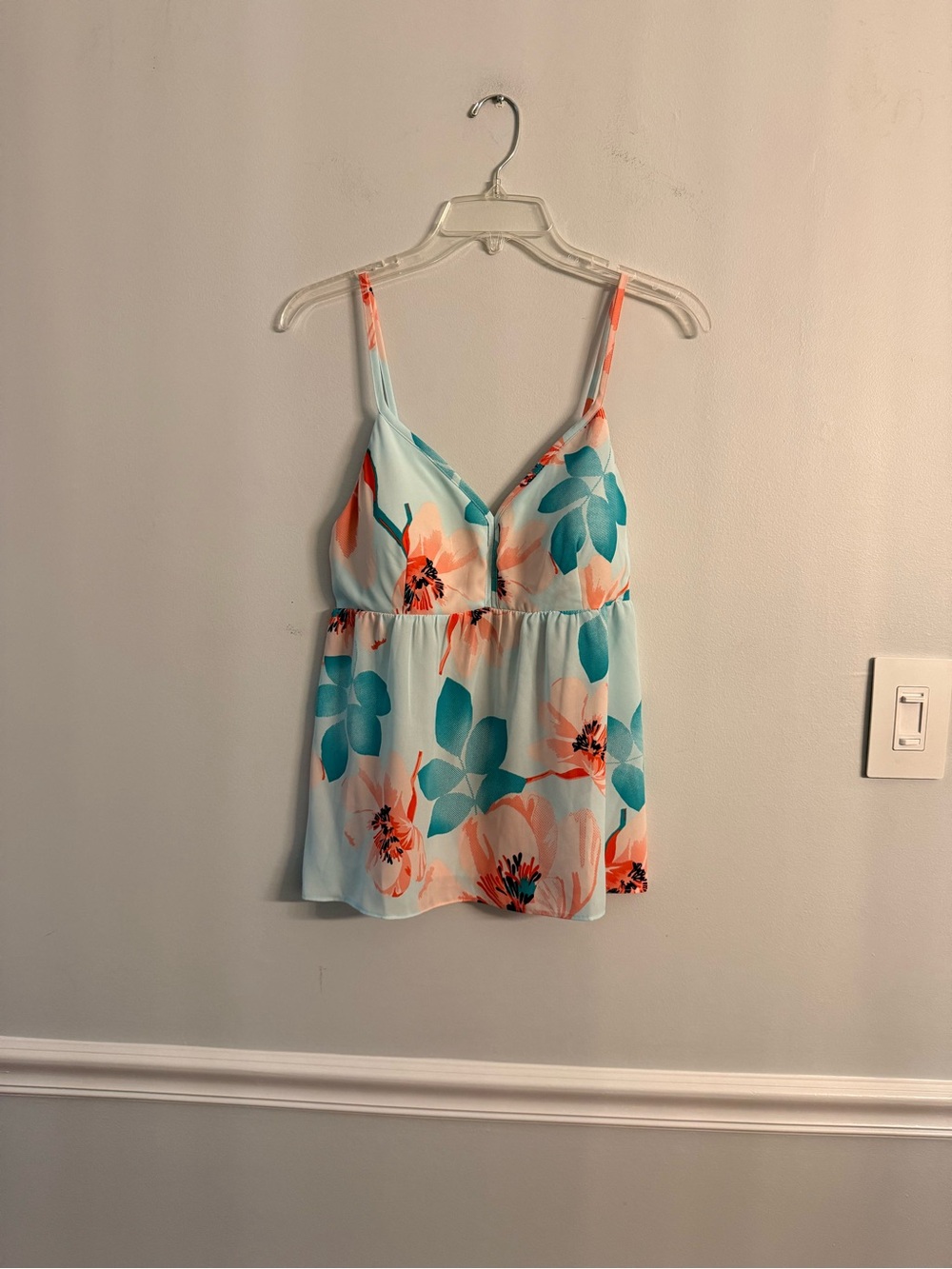Candie's Light Blue Floral V-Neck Spaghetti Strap Tank with Coral Accents